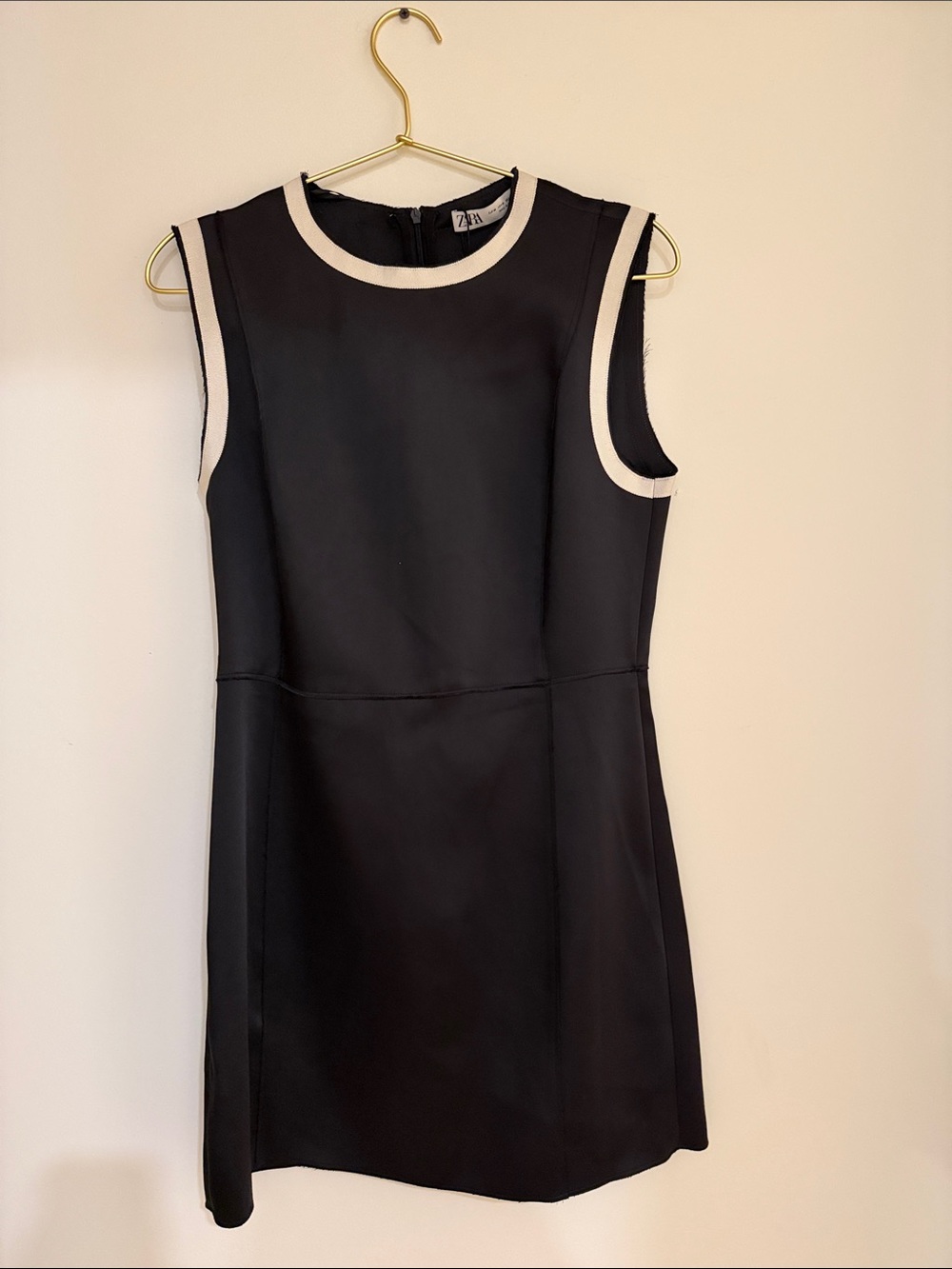 Zara Black Sleeveless Shift Dress with Cream Trim